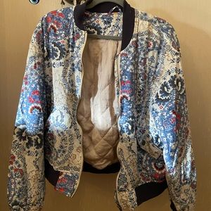 Free People Floral Blue Paisley Bomber Jacket